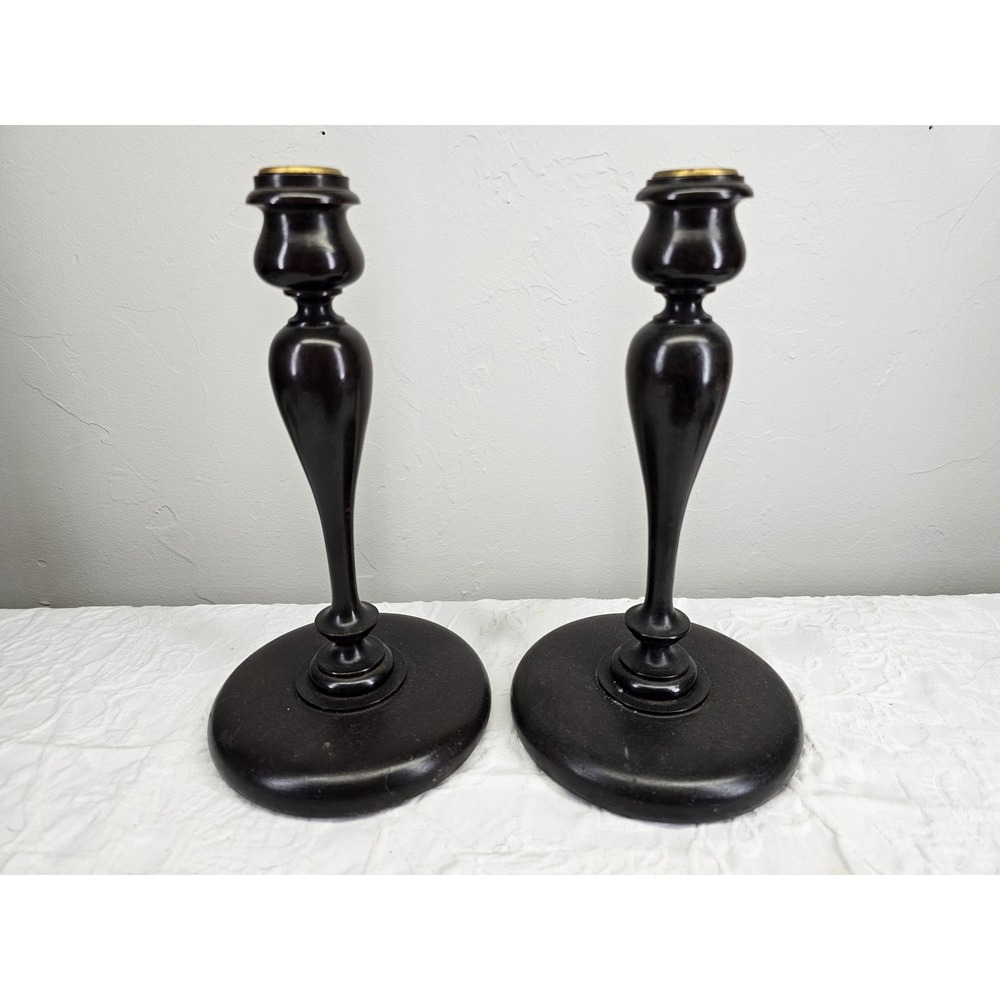 Antique 1900's Dark Wood Candlestick Holders Pair‎ Ornate Brass Top Elegant